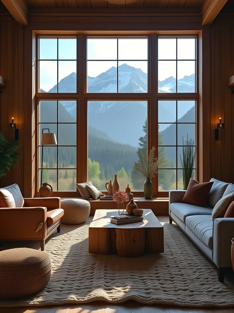 Rustic living room with mountain view, knit rug, and leather armchairs