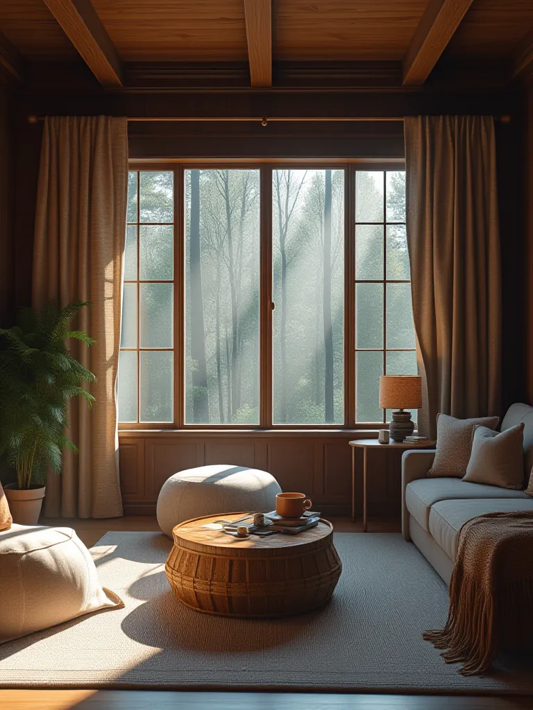 Rustic living room with reclaimed wood wall and forest view