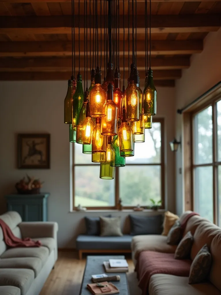 Rustic living room with recycled glass bottle pendant light