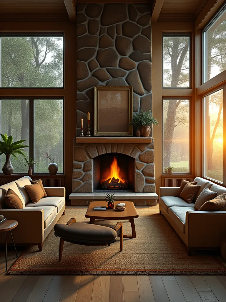 Rustic living room with river rock fireplace, reclaimed wood, and mixed furniture