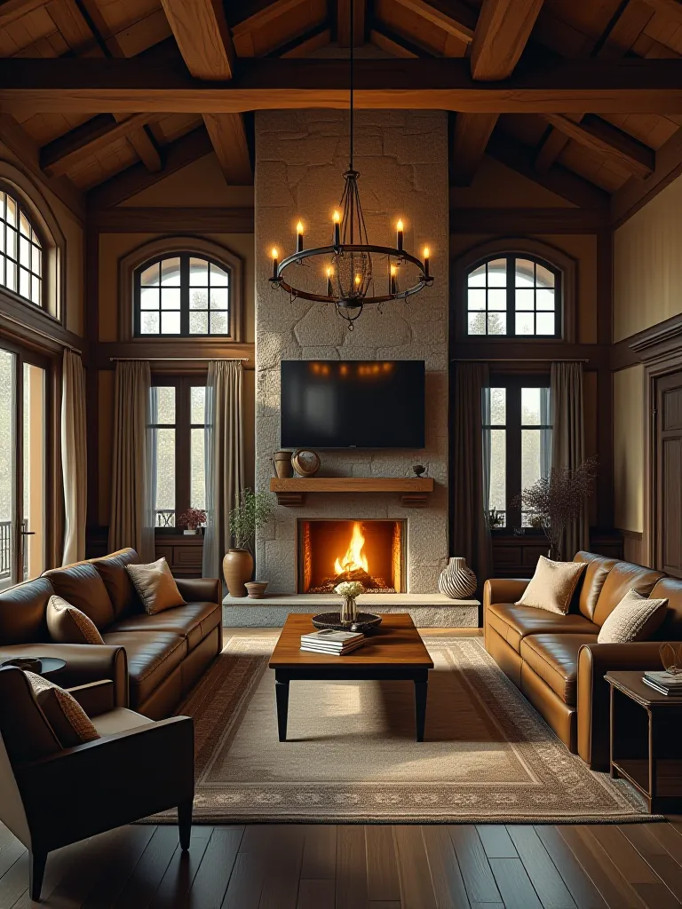 Rustic living room with wooden beams, stone fireplace, and leather furniture