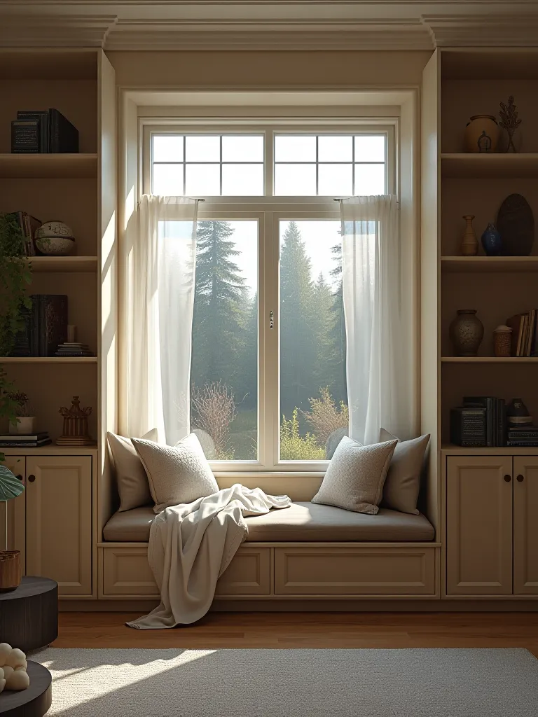 Rustic modern living room nook with window seat and floating shelves