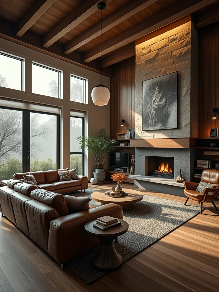 Rustic modern living room with wooden beams and leather sofa