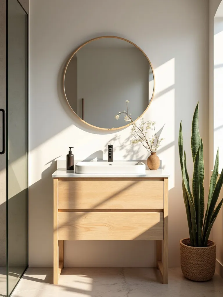Scandinavian bathroom with light wood vanity, white countertop, and plants