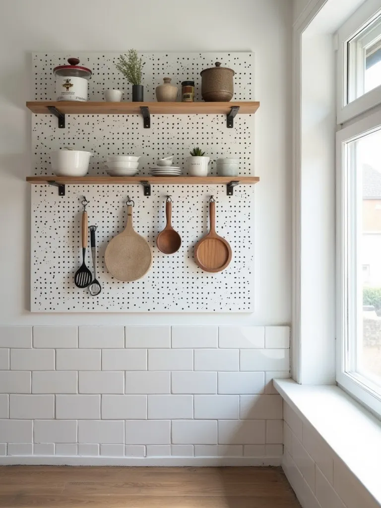 Scandinavian kitchen corner with floor to ceiling pegboard storage wall