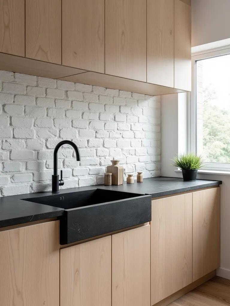Scandinavian kitchen featuring black soapstone sink and maple cabinets