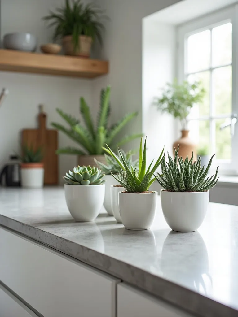 Scandinavian kitchen island with concrete top and minimalist planters of succulents