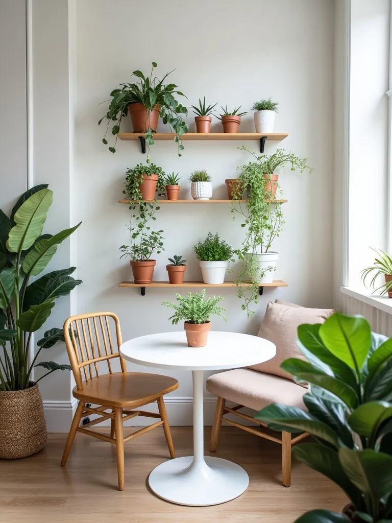 Scandinavian kitchen nook with round table surrounded by various potted plants