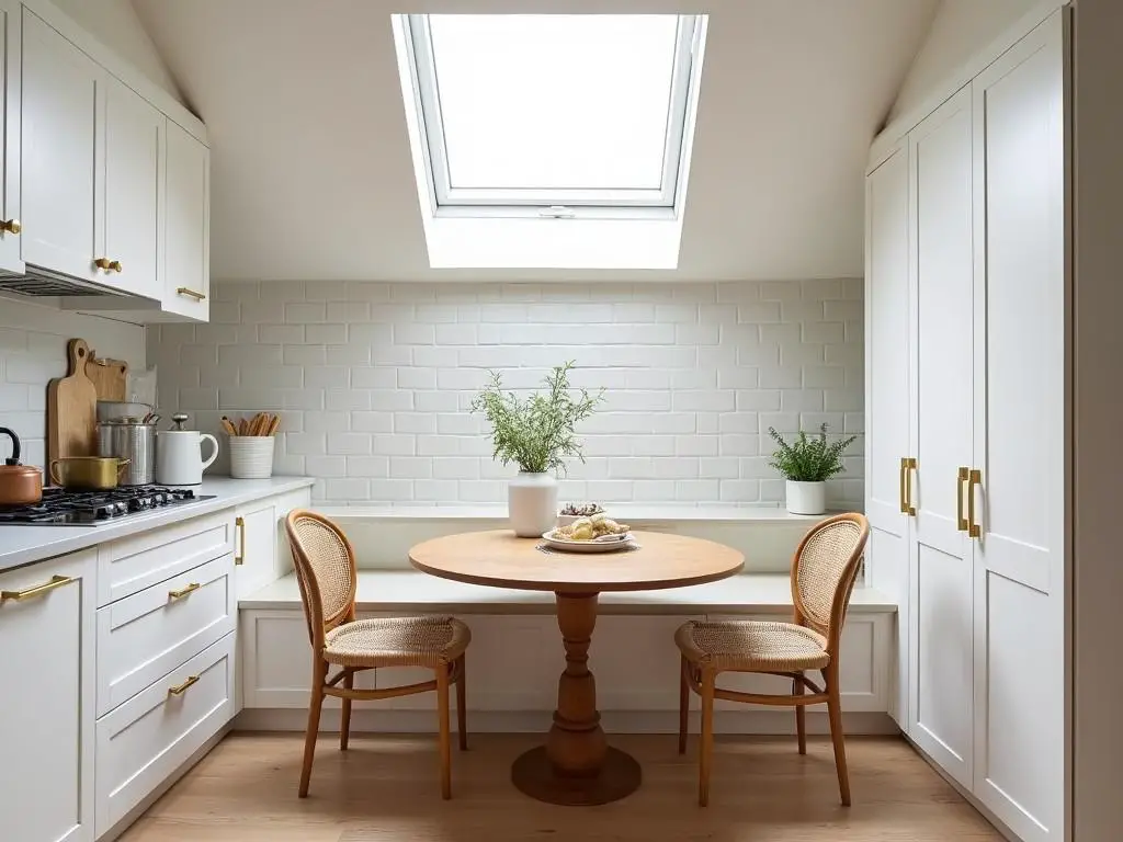 Scandinavian kitchen nook with wooden table and rattan chairs