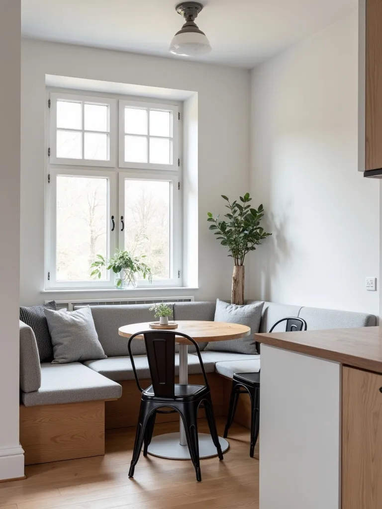 Scandinavian kitchen with built in banquette, wooden table, and black chairs