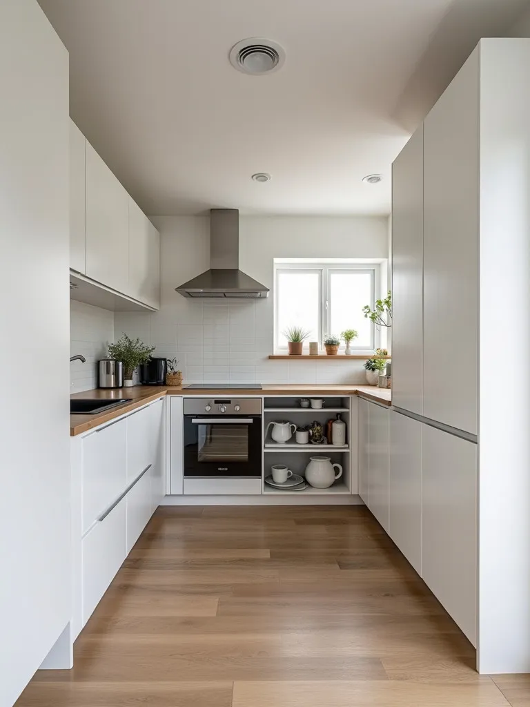 Scandinavian kitchen with custom appliance garage and retractable doors