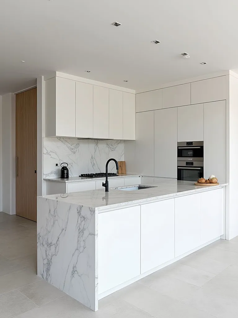 Scandinavian kitchen with limestone floor and marble island