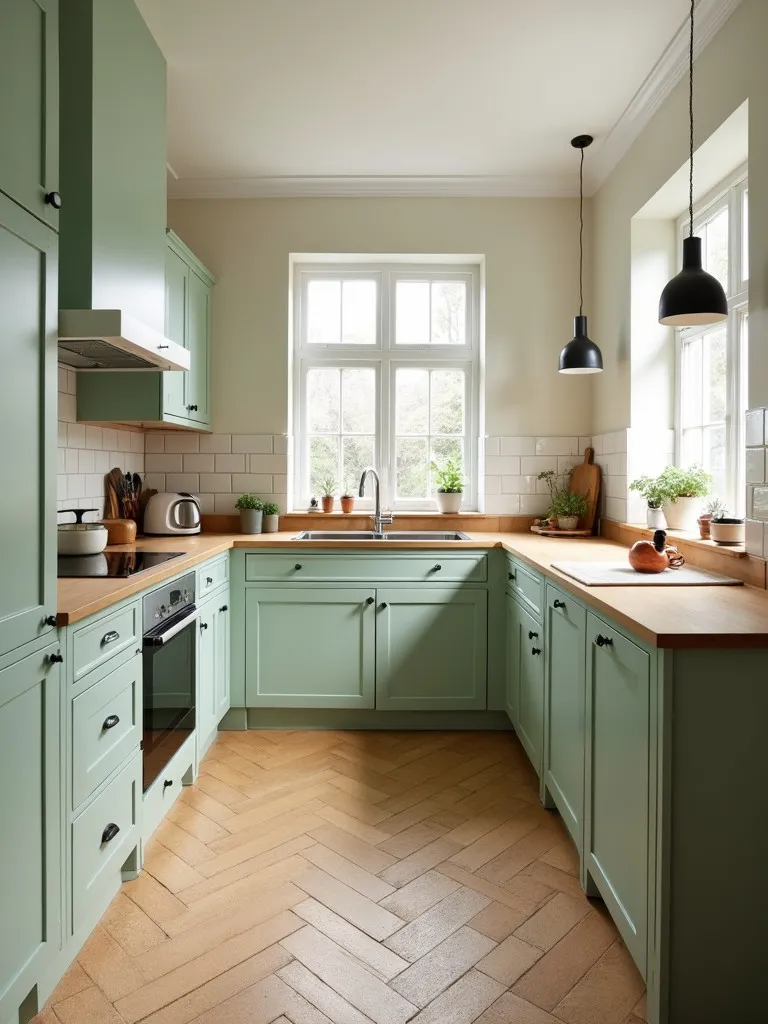 Scandinavian style kitchen featuring herringbone cork flooring