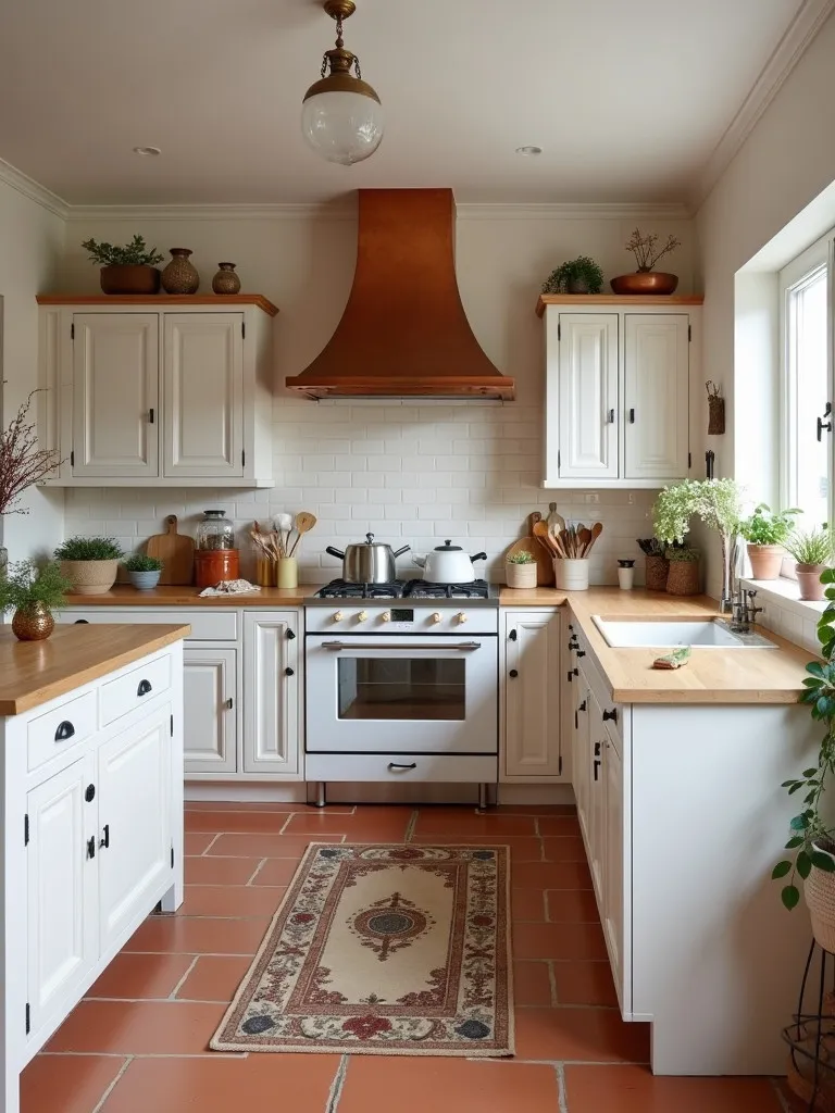 Scandinavian style kitchen featuring prominent copper range hood