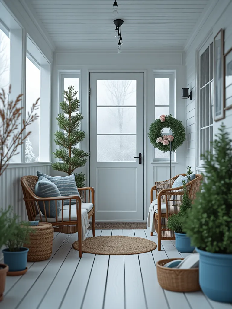 Scandinavian style porch with light wood floor, white walls, and blue accents on a snowy day