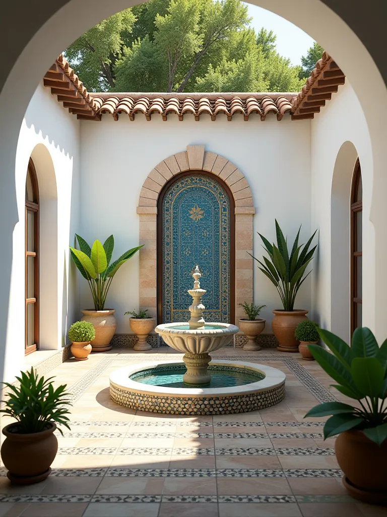 Secluded Mediterranean patio with white walls, mosaic tiles, and fountain