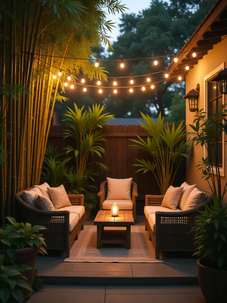 Secluded patio surrounded by bamboo with string lights at sunset
