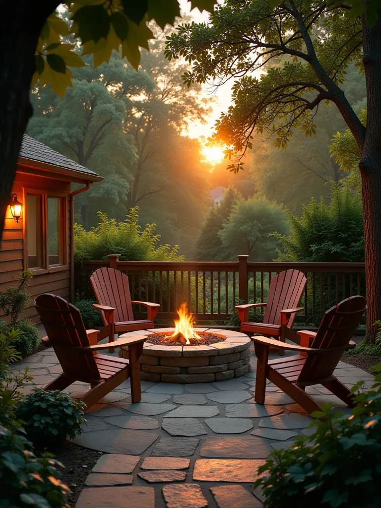 Secluded patio surrounded by trees with fire pit and Adirondack chairs