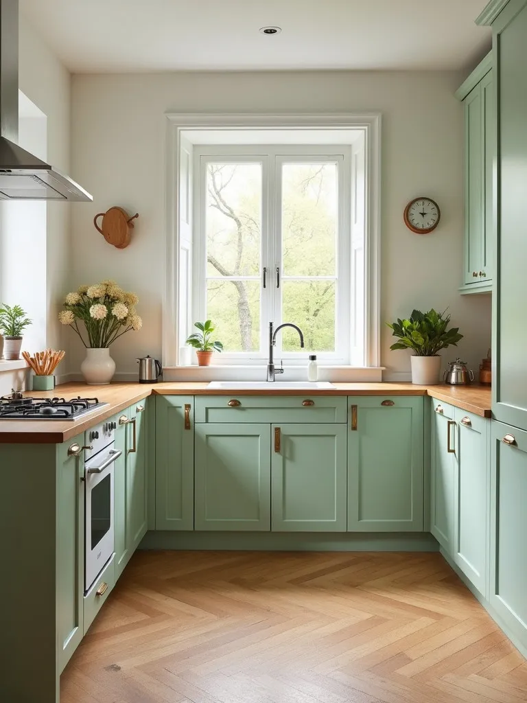 Serene Scandinavian kitchen with pale green cabinets and cork floor