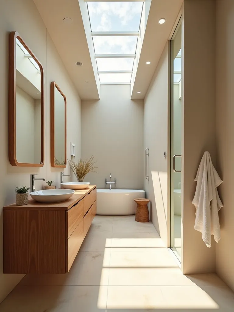 Serene bathroom with wooden vanity illuminated by skylight