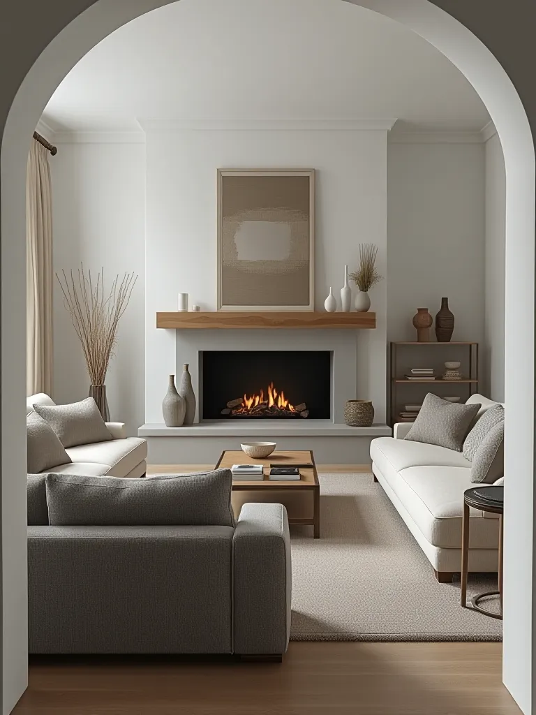Serene living room with textured fabrics and weathered wood accents