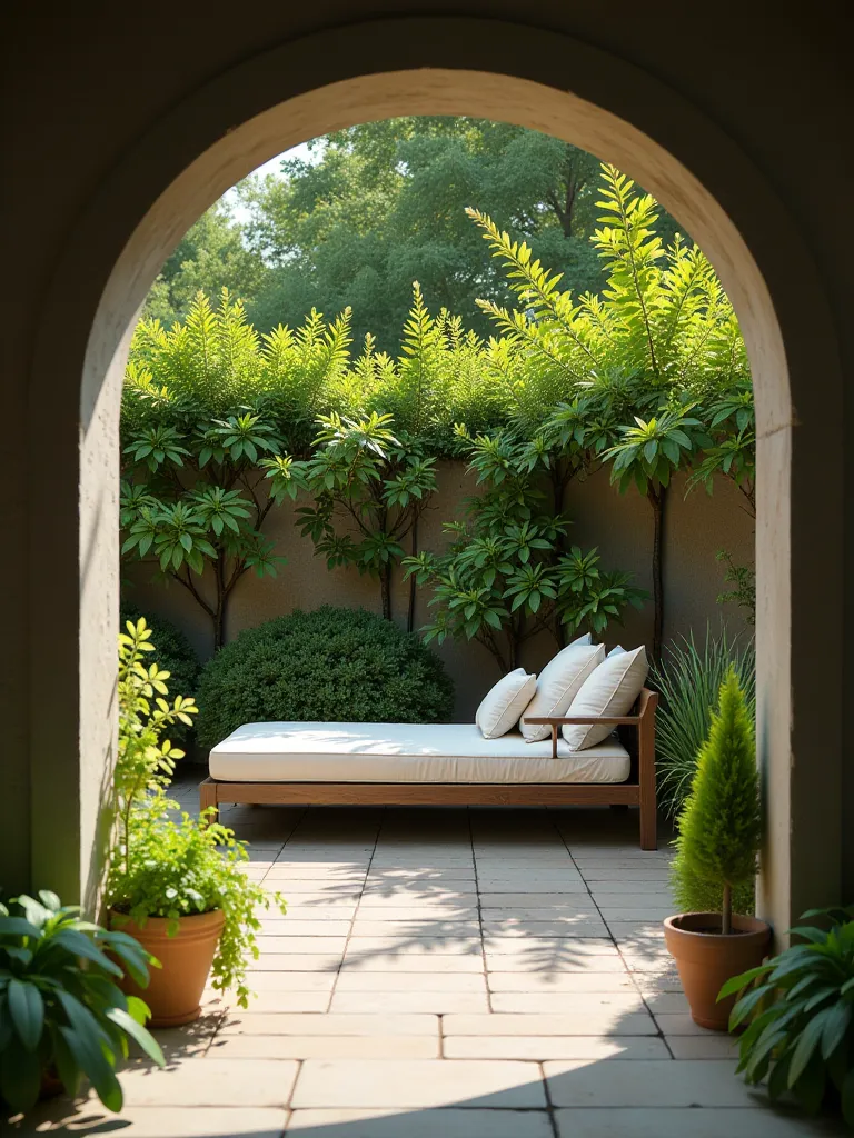 Serene patio enclosed by espaliered fruit trees with daybed and herbs