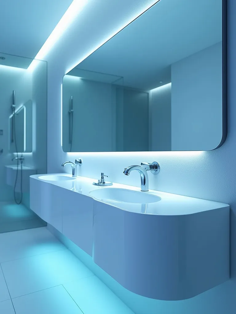 Side view of futuristic bathroom with touch sensitive faucets and smart mirror