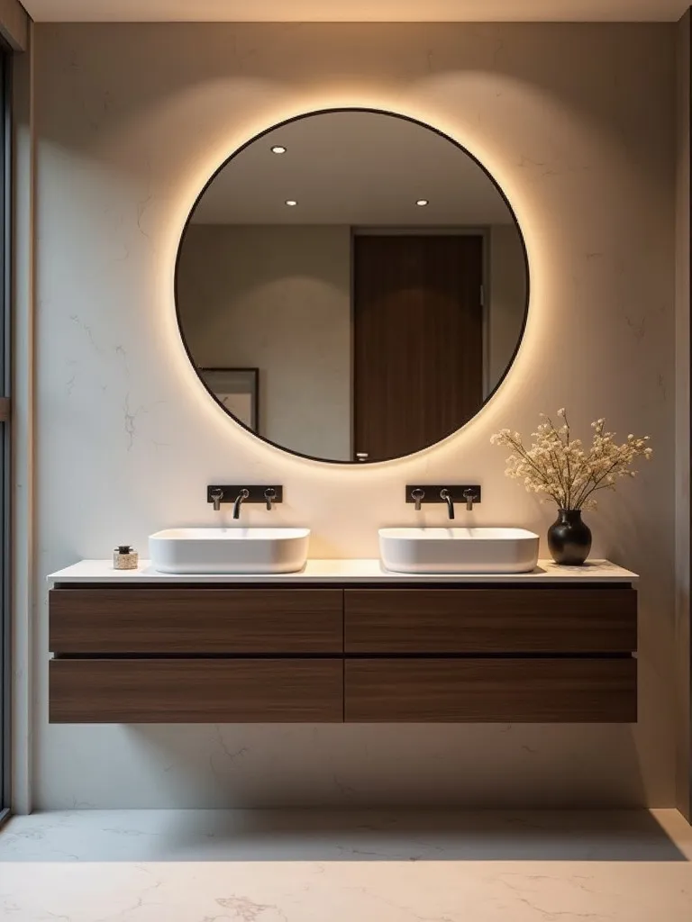 Sleek bathroom featuring floating double vanity and ambient lighting