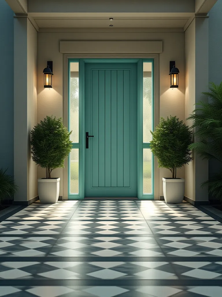 Sleek porch with gray and white geometric floor and teal accent door