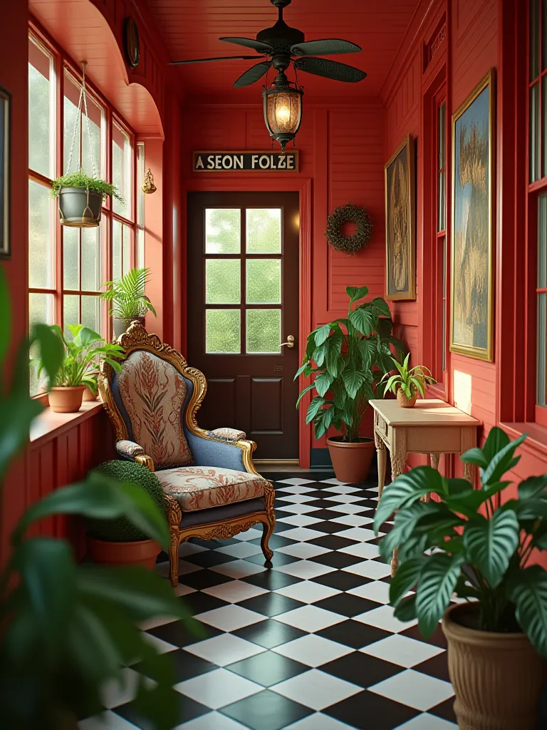 Small porch featuring black and white floor, red walls, and gold accents with tropical plants
