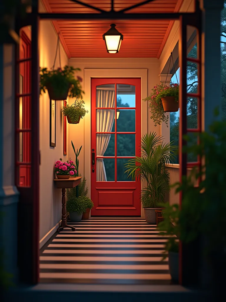 Small porch featuring black and white striped floor and bright coral door