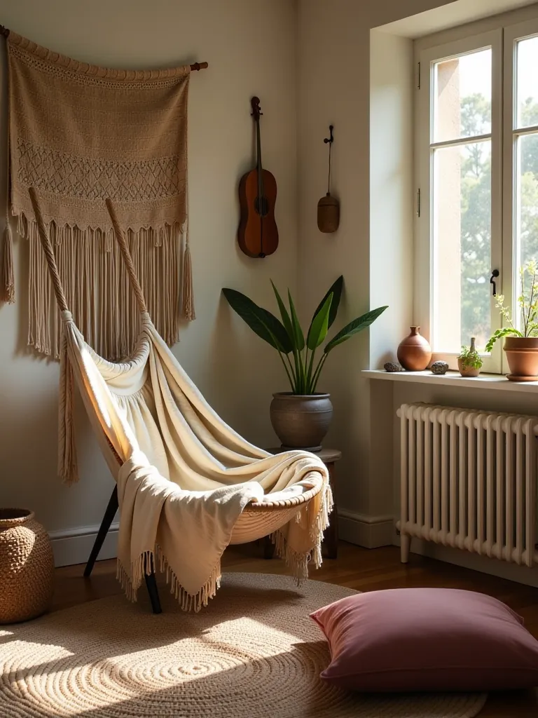 Soft lit boho bedroom featuring hammock chair and diverse textures
