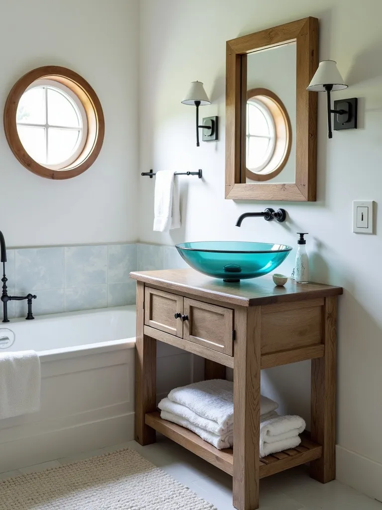 Soft lit coastal bathroom featuring wood vanity and porthole window