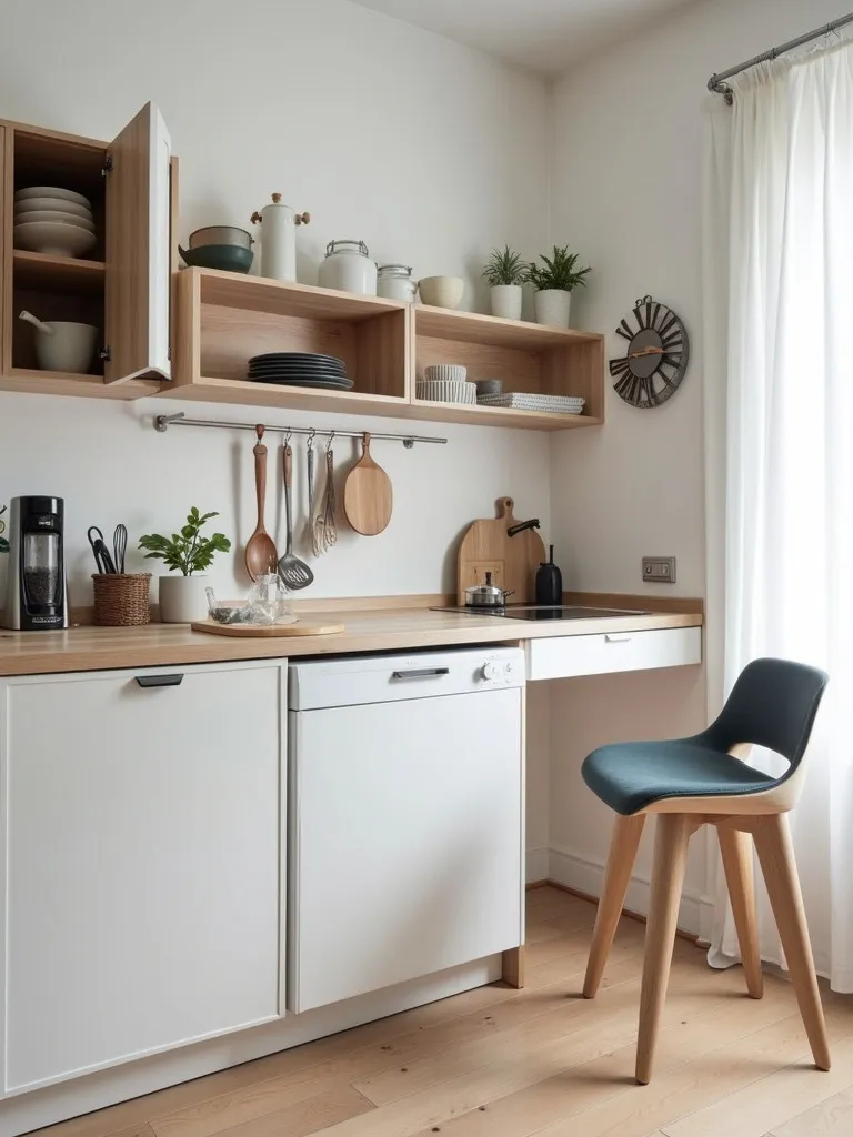 Space efficient Scandinavian kitchen featuring pull out pantry and wall mounted storage