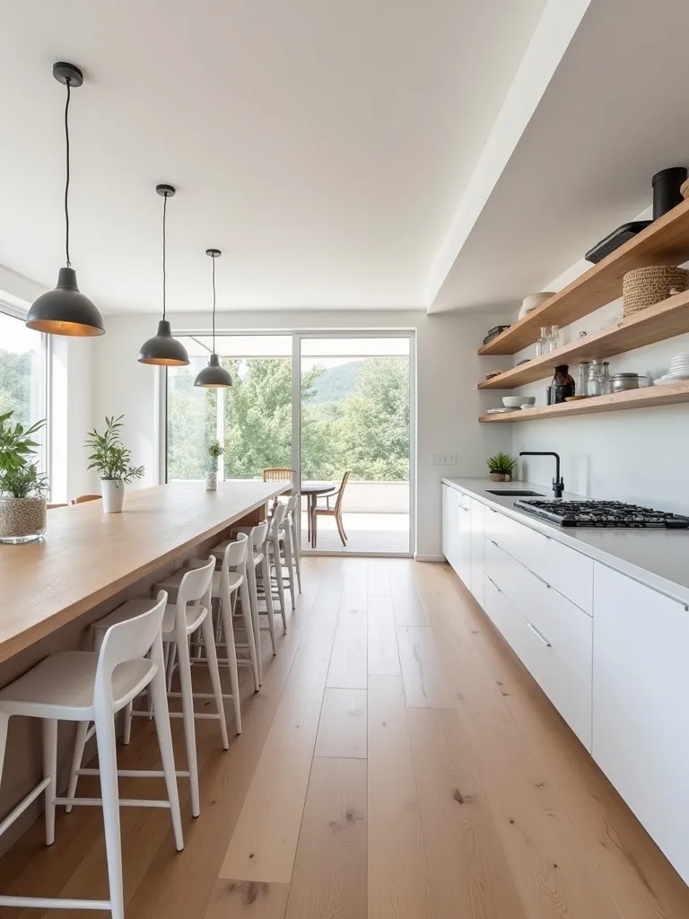 Spacious Scandinavian kitchen featuring long island and floating shelves