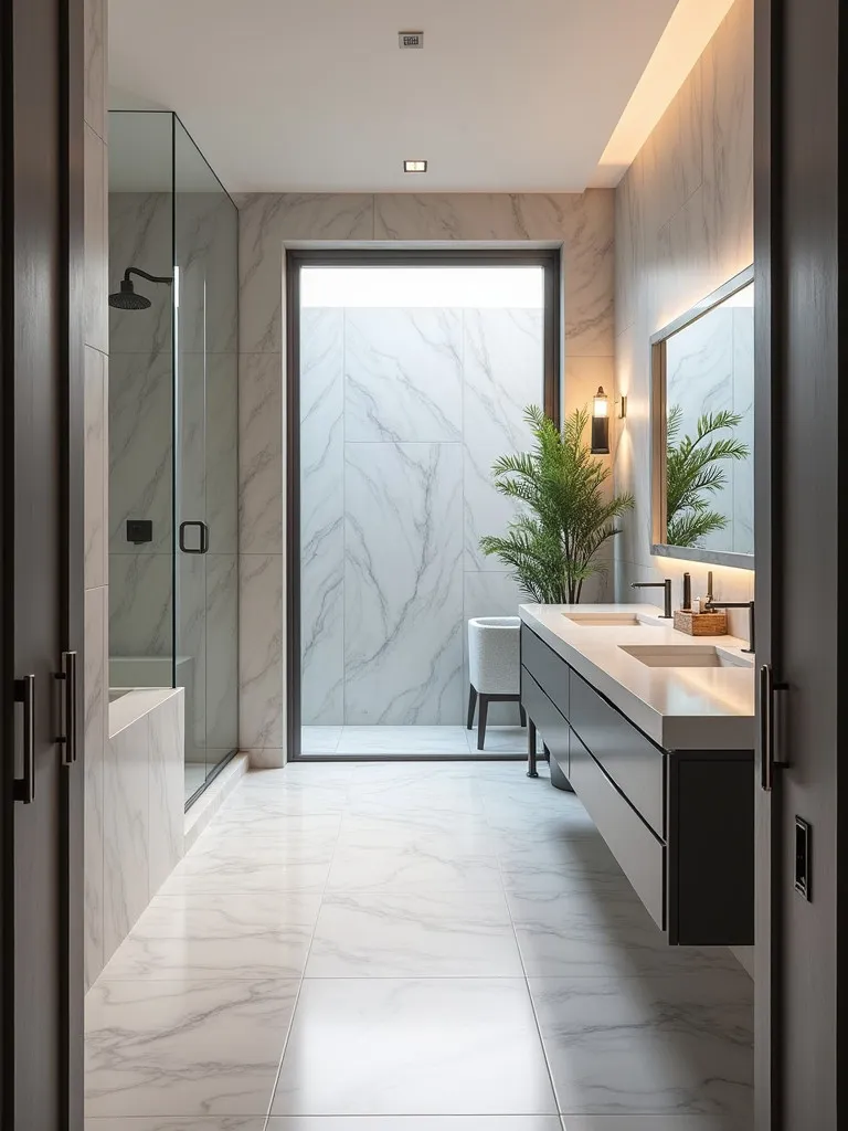 Spacious bathroom with long double vanity and marble effect tiling