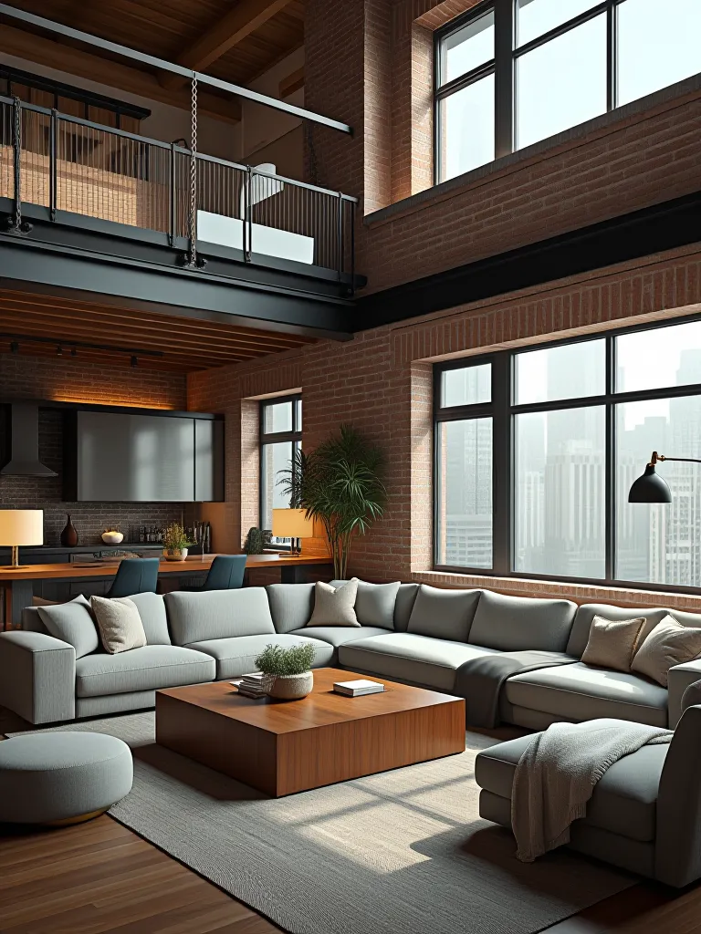 Spacious loft with rustic and modern elements, large windows