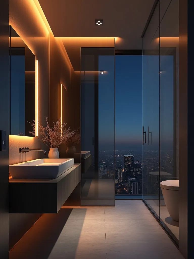 Stylish modern bathroom with glass partition and ambient lighting at night