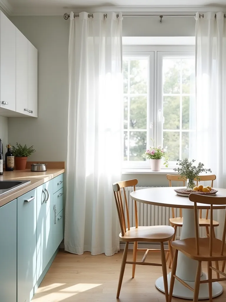 Sunlit Scandinavian kitchen featuring pale colors and Windsor style chairs