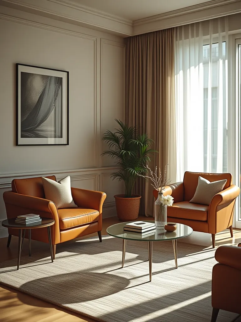 Sunlit living room with rustic paneling and modern furniture