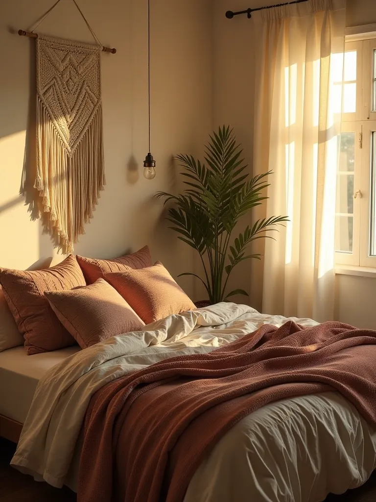 Warm boho bedroom showcasing various textured textiles and golden light