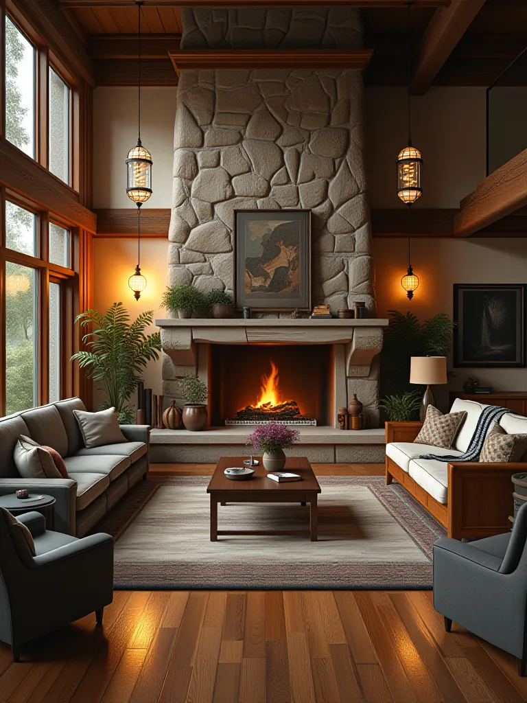 Warm rustic living room with large fireplace and sunset lighting