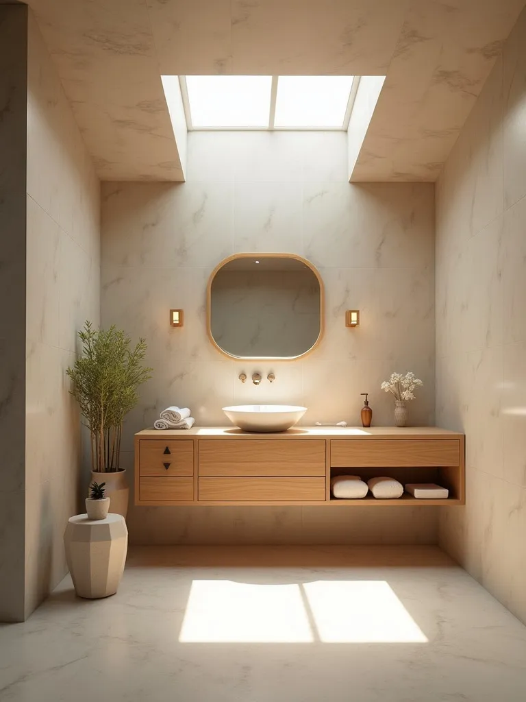 Zen bathroom with skylight casting light patterns on floor
