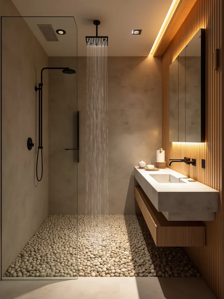 Zen inspired bathroom with pebble floor shower and bamboo accents