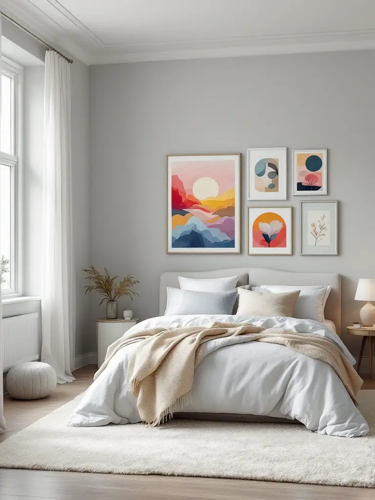 An airy bedroom with walls painted in a soft dove grey, elegantly styled to create a serene and refined environment.