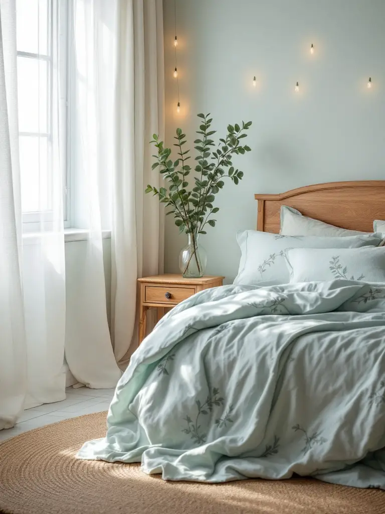 A calming bedroom design with a color palette of light blue and green, inspired by nature's most peaceful elements.