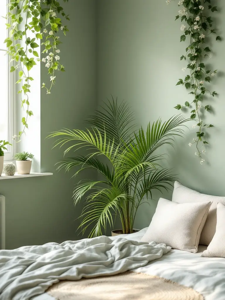 A serene bedroom with walls painted in a soft sage green, surrounded by a variety of indoor plants