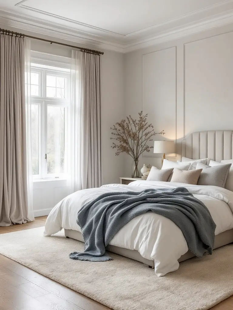 A beautifully styled bedroom featuring a palette of soft greys, gentle taupes, and muted blues.
