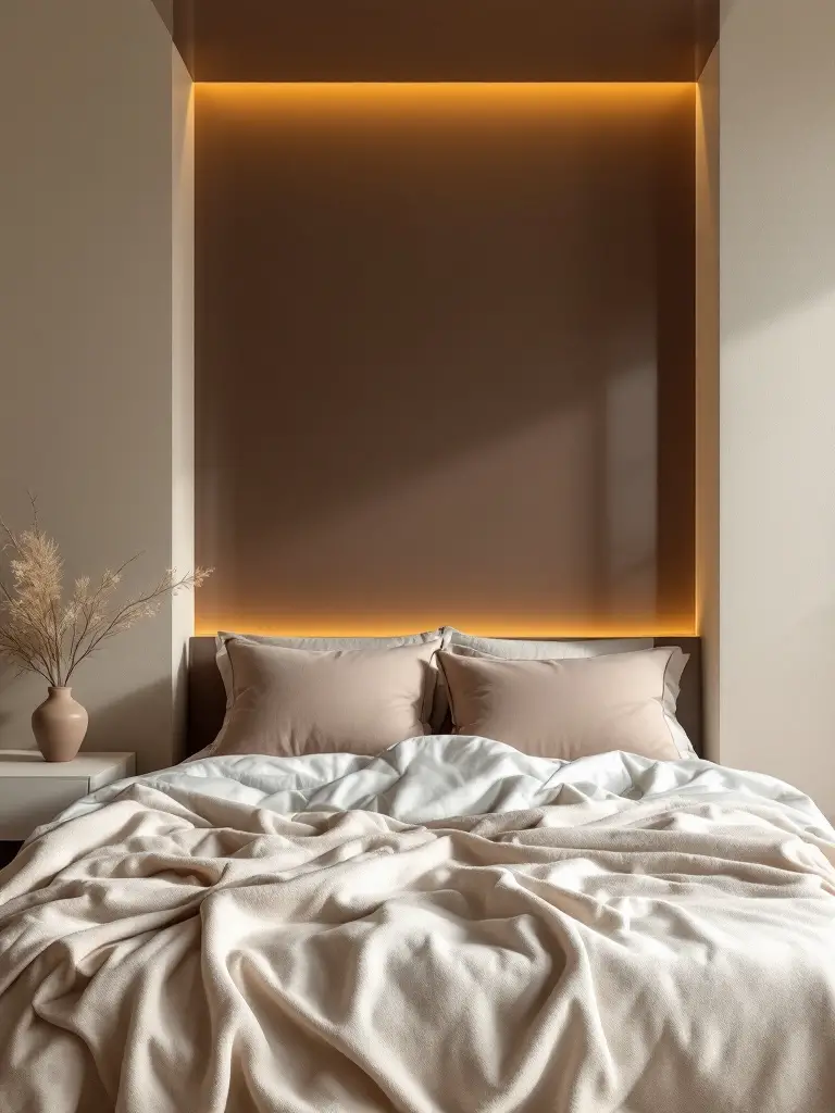 A serene bedroom with most walls finished in a soft matte texture, creating a calm and soothing atmosphere. Behind the bed, a glossy accent wall adds a touch of elegance and depth, reflecting light subtly to enhance the room’s sense of space. The contrast in textures brings visual interest without the need for additional colors.
