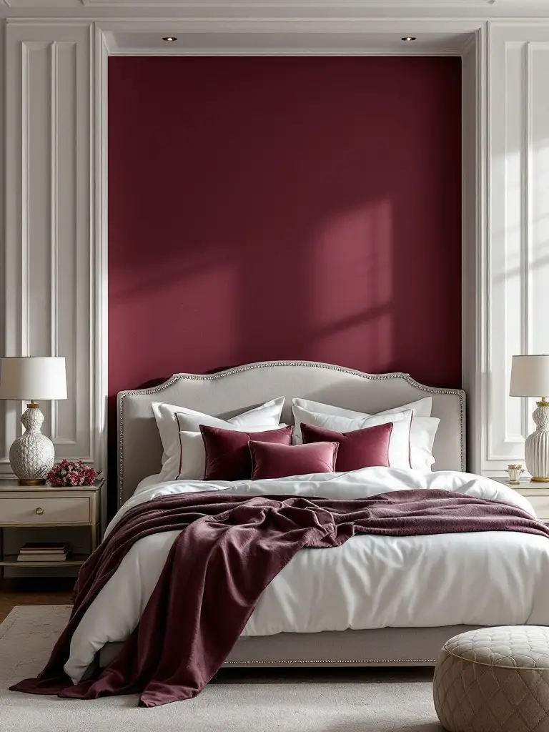 A sophisticated bedroom featuring a deep burgundy accent wall, contrasted with soft grey tones and clean white accents.